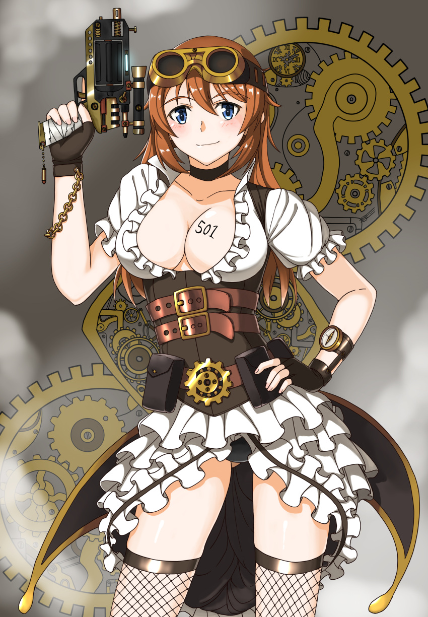 1girl absurdres blue_eyes charlotte_e_yeager gears goggles highres hiroshi_(hunter-of-kct) machinery orange_hair pipes science_fiction solo steam steampunk strike_witches victorian watch watch world_witches_series