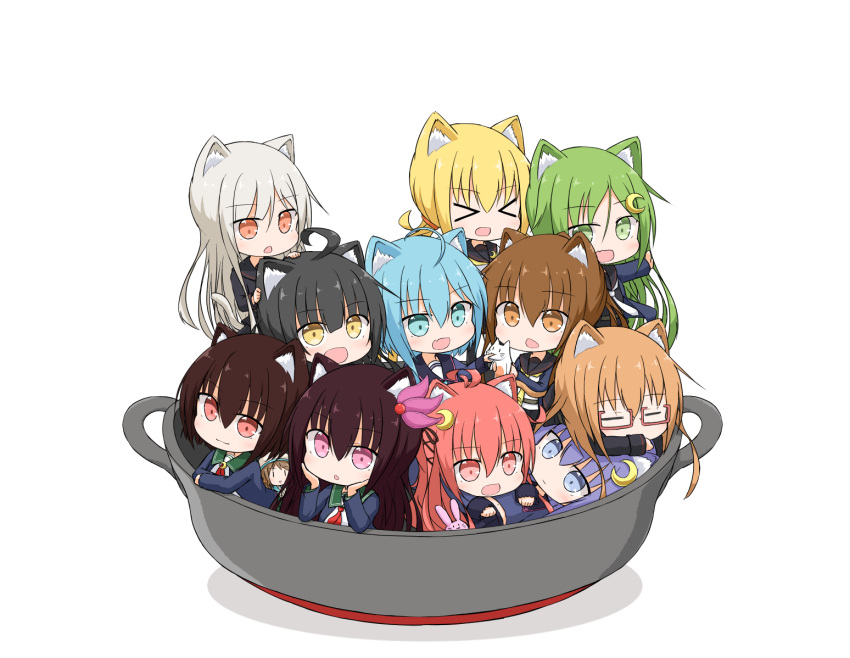 &gt;_&lt; 6+girls :d animal_ears black_cardigan black_hair black_sailor_collar black_serafuku blonde_hair blue_eyes blue_hair blue_serafuku brown_eyes brown_hair bunny_hair_ornament cardigan cat_ears cat_tail closed_eyes crescent crescent_hair_ornament crescent_moon_pin error_musume fumizuki_(kantai_collection) girl_holding_a_cat_(kantai_collection) green_eyes green_hair hair_ornament kantai_collection kikuzuki_(kantai_collection) kisaragi_(kantai_collection) long_hair long_sleeves mikazuki_(kantai_collection) minazuki_(kantai_collection) mochizuki_(kantai_collection) multiple_girls mutsuki_(kantai_collection) nagatsuki_(kantai_collection) neckerchief necktie open_mouth pink_eyes pink_hair purple_hair red_eyes red_neckerchief remodel_(kantai_collection) sailor_collar satsuki_(kantai_collection) school_uniform serafuku short_hair simple_background smile tail uzuki_(kantai_collection) violet_eyes white_background white_hair yamato_tachibana yayoi_(kantai_collection) yellow_eyes yellow_necktie