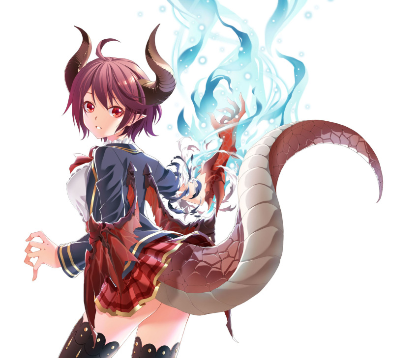 10s 1girl ahoge ass black_legwear blazer blue_fire dissolving_clothes dragon_girl dragon_horns dragon_tail dragon_wings fire granblue_fantasy grea_(shingeki_no_bahamut) highres horns jacket looking_at_viewer pleated_skirt pointy_ears purple_hair raynart red_eyes shingeki_no_bahamut shirt short_hair skirt solo tail thigh-highs white_background white_shirt wings