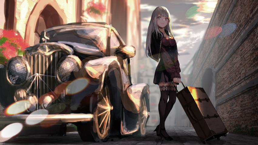 1girl absurdres bangs black_legwear black_skirt blouse blue_eyes breasts capelet car closed_mouth day eyebrows_visible_through_hair grey_hair ground_vehicle highres lace lace-trimmed_thighhighs lens_flare lips long_hair long_sleeves looking_at_viewer luggage medium_breasts motor_vehicle original outdoors purple_blouse rolua skirt smile solo standing thigh-highs underbust