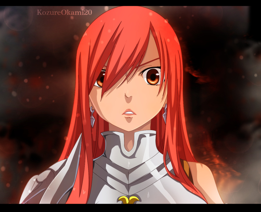 1girl armor armored_dress dark_background erza_scarlet fairy_tail kozureokami20 red_eyes redhead solo