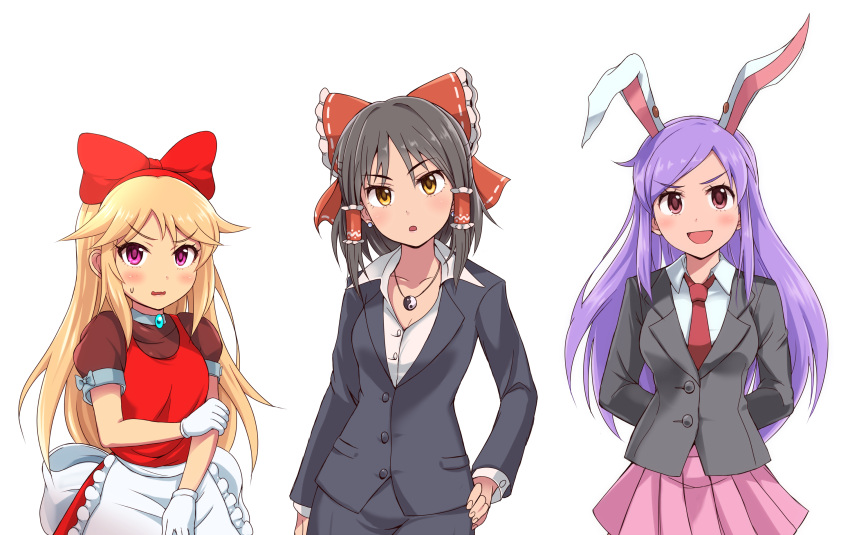 3girls animal_ears black_hair blonde_hair blush bow breasts brown_eyes character_request cleavage collarbone cookie_(touhou) enperuto_(yarumi) extra_ears eyebrows_visible_through_hair gloves hair_bow hair_tubes hakurei_reimu hand_on_hip highres hisui_(cookie) large_breasts long_hair looking_at_viewer multiple_girls necktie open_mouth parted_lips pink_eyes pink_skirt puffy_short_sleeves puffy_sleeves purple_hair rabbit_ears red_bow red_eyes red_neckwear reisen_udongein_inaba sananana short_hair short_sleeves skirt smile touhou transparent_background white_gloves yin_yang