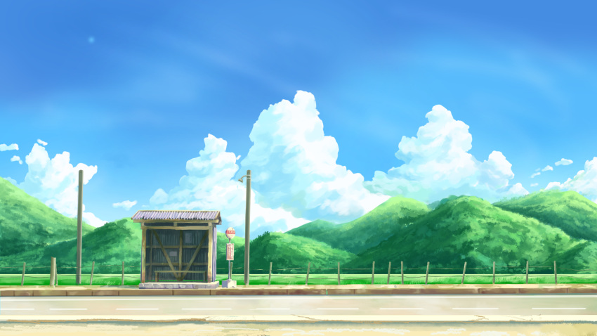 blue_sky bus_stop chabo_(inmu) clouds commentary_request day fence field highres hill lamppost manatsu_no_yo_no_inmu no_humans outdoors road road_sign rural scenery sign sky