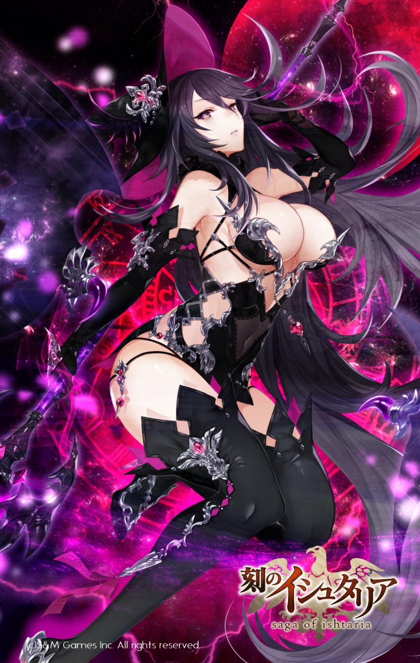 1girl age_of_ishtaria apt bare_shoulders black_dress black_footwear black_gloves black_hair boots breasts cleavage closed_mouth covered_navel dress elbow_gloves from_side gloves hat highres large_breasts long_hair looking_at_viewer looking_to_the_side official_art revealing_clothes short_dress sideboob solo thigh-highs thigh_boots violet_eyes witch_hat