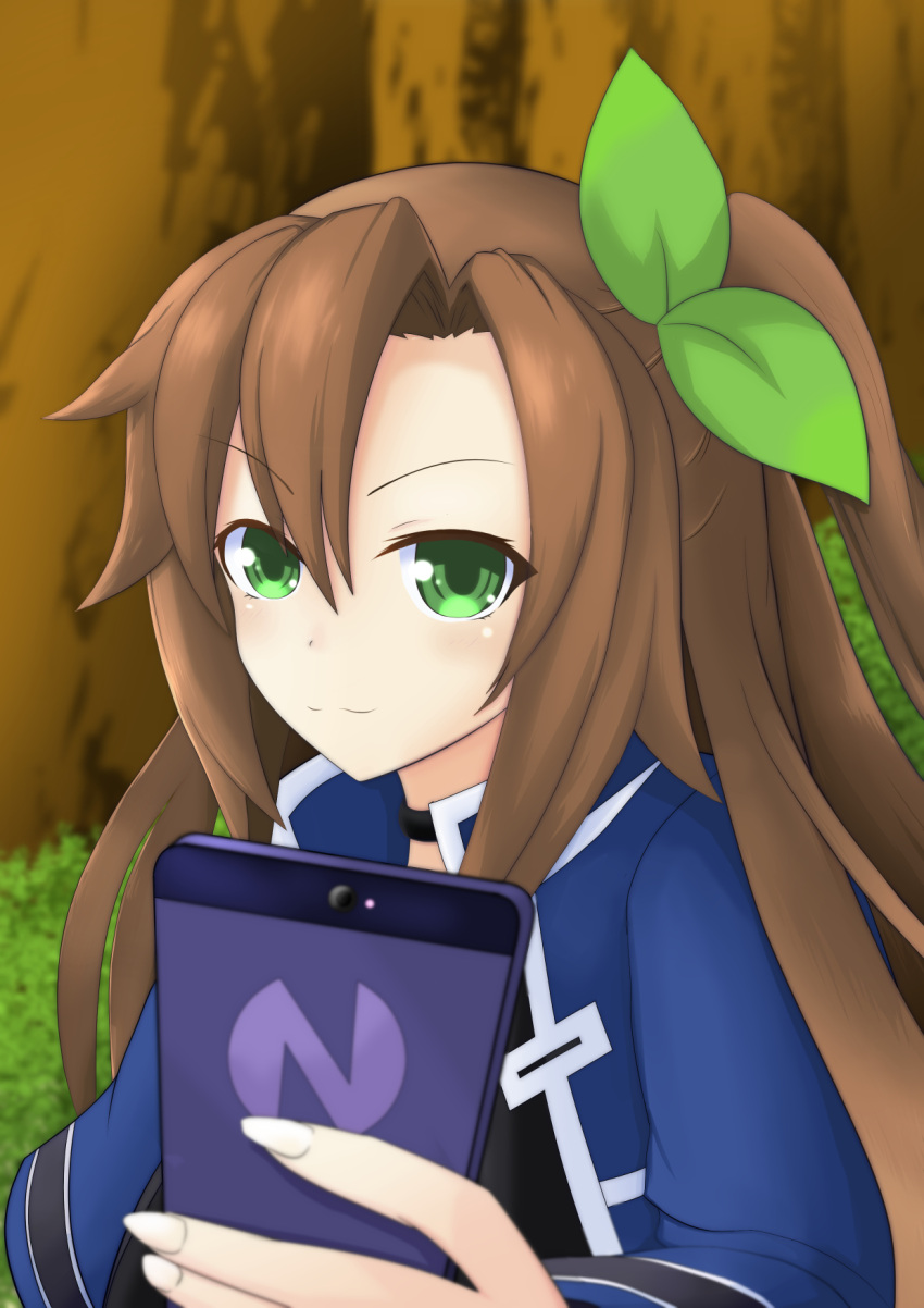 1girl ama_(ama_zumi3) bow brown_hair cellphone cellphone_camera green_eyes hair_bow hair_ornament highres holding holding_phone if_(choujigen_game_neptune) long_hair looking_at_viewer neptune_(series) phone ribbon self_shot smartphone smile solo