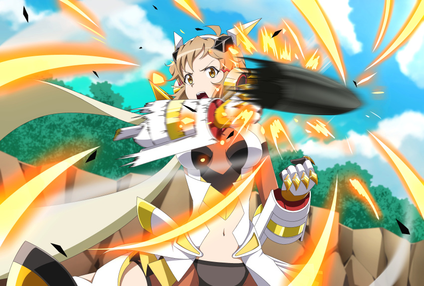 10s 1girl absurdres bare_shoulders breasts brown_eyes brown_hair clouds commentary_request elbow_gloves gloves headgear highres kyoukyan medium_breasts navel open_mouth punching scarf senki_zesshou_symphogear solo tachibana_hibiki_(symphogear) tank_shell tree