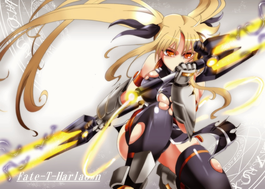 1girl bare_shoulders black_legwear blonde_hair breasts character_name commentary_request dual_wielding energy_blade fate_testarossa gauntlets kneeling large_breasts long_hair lyrical_nanoha magic_circle millipen_(medium) mizuki_nana orange_eyes suga_leon thigh-highs torn_clothes torn_legwear traditional_media twintails very_long_hair