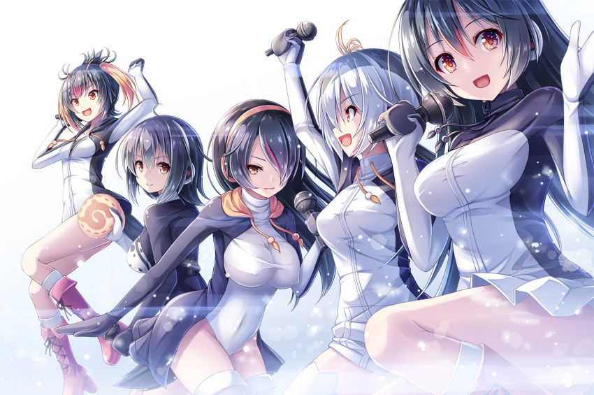 5girls :d akashio_(loli_ace) arm_up bangs bird_tail black_gloves black_hair blonde_hair blush boots breasts closed_mouth cowboy_shot drawstring emperor_penguin_(kemono_friends) erect_nipples gentoo_penguin_(kemono_friends) gloves hair_between_eyes hair_over_one_eye hands_up headphones holding holding_microphone hood hoodie humboldt_penguin_(kemono_friends) jacket japari_symbol jumping kemono_friends knee_boots kneehighs large_breasts leotard light_particles looking_at_viewer looking_back looking_to_the_side medium_breasts microphone multicolored_hair multiple_girls open_mouth parted_lips penguins_performance_project_(kemono_friends) pink_boots profile red_eyes redhead rockhopper_penguin_(kemono_friends) royal_penguin_(kemono_friends) silver_hair simple_background sitting skirt smile standing streaked_hair symbol thigh-highs thighs track_jacket two_side_up white_background white_jacket white_legwear white_leotard white_skirt