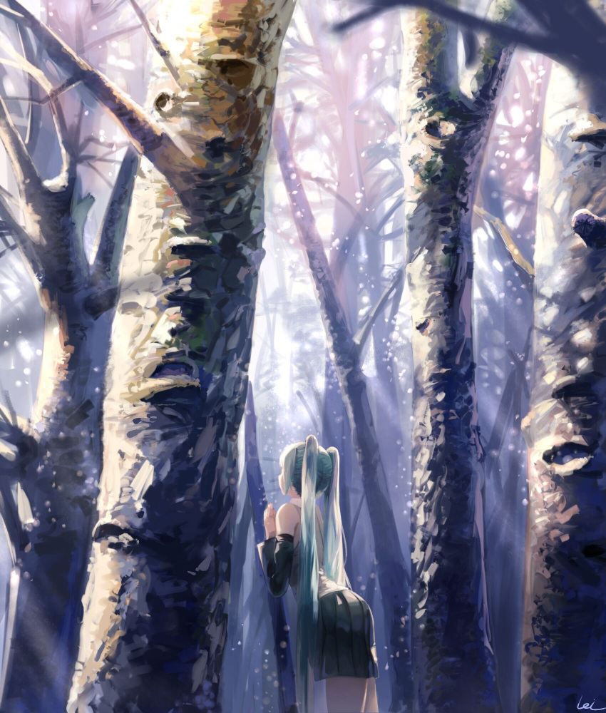 1girl aqua_hair bare_shoulders black_skirt cowboy_shot day detached_sleeves facing_away forest hand_up hatsune_miku highres leaning_forward leiq long_hair long_sleeves nature outdoors plant pleated_skirt signature skirt snowing solo standing sunlight tree twintails very_long_hair vocaloid winter
