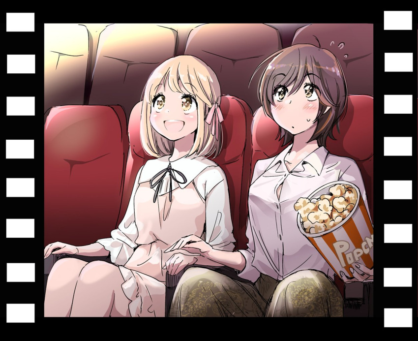 2girls asagao_to_kase-san blonde_hair blush brown_hair commentary_request eyebrows_visible_through_hair food kase_(kase-san) movie_theater multiple_girls official_art open_mouth popcorn short_hair sitting smile sweatdrop yamada_(kase-san) yellow_eyes yuri