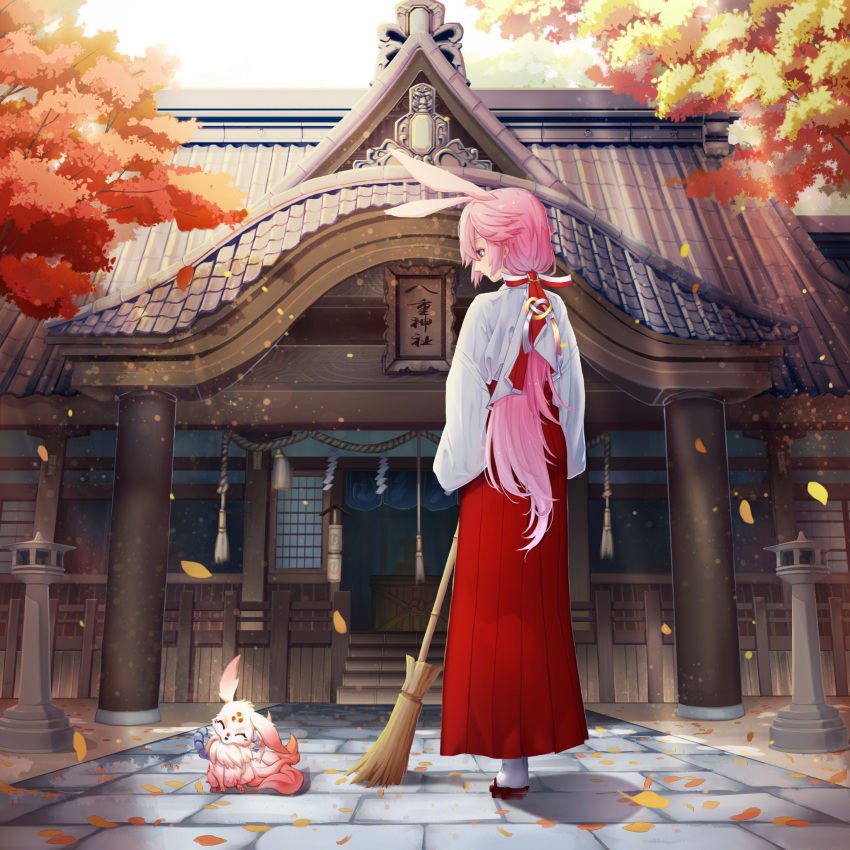 1girl ^_^ animal_ears architecture autumn_leaves bangs benghuai_xueyuan blue_eyes box broom closed_eyes closed_mouth cloudrx782 commentary_request creature day donation_box east_asian_architecture eyebrows_visible_through_hair facing_away falling_leaves fox from_behind full_body geta hair_ornament hakama highres japanese_clothes light_rays long_hair long_sleeves looking_at_another looking_down low_ponytail miko mitsudomoe_(shape) outdoors pillar pink_hair ponytail profile rabbit_ears red_hakama rope scenery shadow shide shimenawa shiny shiny_hair shrine sidelocks sky stairs standing stone_lantern sunlight tassel tomoe_(symbol) translation_request tree very_long_hair white_legwear yae_sakura_(benghuai_xueyuan)