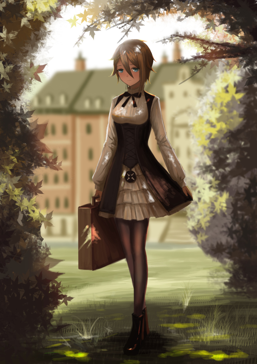 1girl absurdres ange_(princess_principal) black_footwear black_legwear blue_eyes blurry boots breasts brown_hair building closed_mouth corset day depth_of_field eyebrows_visible_through_hair hair_between_eyes highres holding leaf maple_leaf medium_breasts neck_ribbon outdoors pantyhose princess_principal ribbon school_uniform shirt skirt solo standing suitcase white_shirt white_skirt yurichtofen
