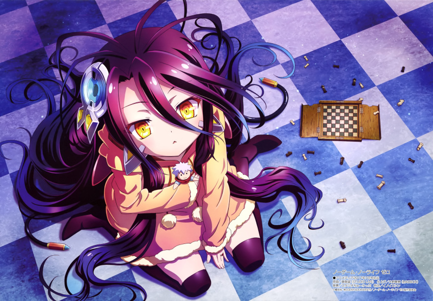 1girl absurdres between_legs black_legwear character_doll checkered checkered_floor chess_piece chessboard copyright_name from_above hair_between_eyes hand_between_legs highres indoors jewelry long_hair looking_at_viewer looking_up makabe_makoto megami no_game_no_life official_art parted_lips purple_hair ring shuvi_(no_game_no_life) sitting solo thigh-highs very_long_hair yellow_eyes