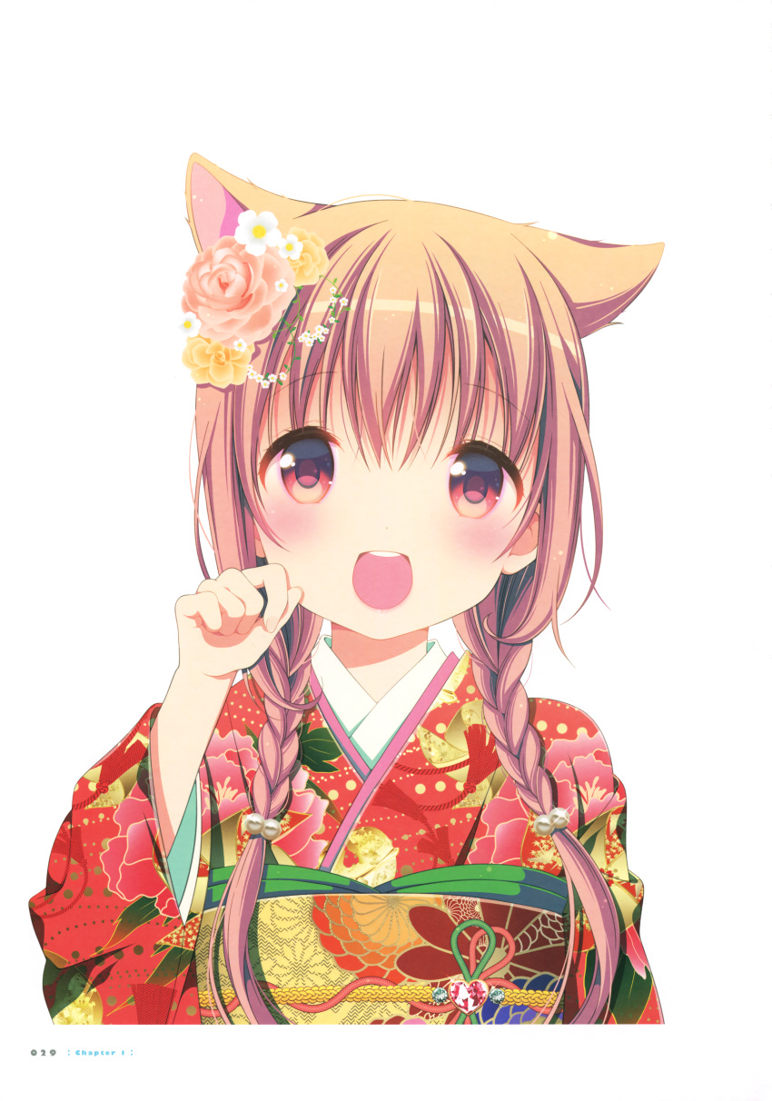 1girl absurdres animal_ears artist_name blush brown_eyes brown_hair cat_ears eyebrows_visible_though_hair flower hair_between_eyes hair_bobbles hair_flower hair_ornament highres hinako_note japanese_clothes kimono long_hair looking_at_viewer march-bunny open_mouth page_number paw_pose pink_flower red_kimono simple_background solo twintails white_background white_flower yellow_flower yukata