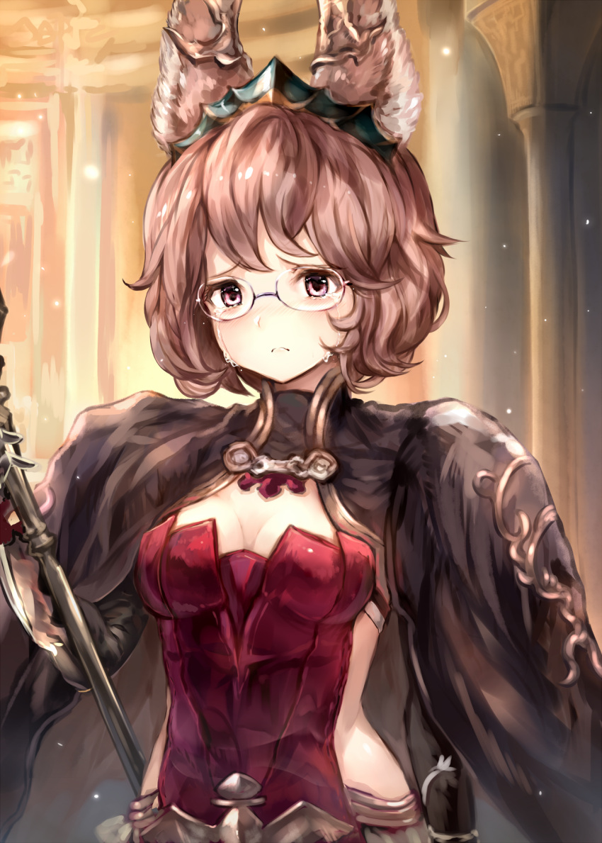 1girl animal_ears blush breasts brown_hair cleavage cloak commentary_request constance_(granblue_fantasy) crying crying_with_eyes_open erun_(granblue_fantasy) glasses granblue_fantasy highres looking_at_viewer medium_breasts red_eyes rimless_glasses solo staff sukemyon tears tiara upper_body