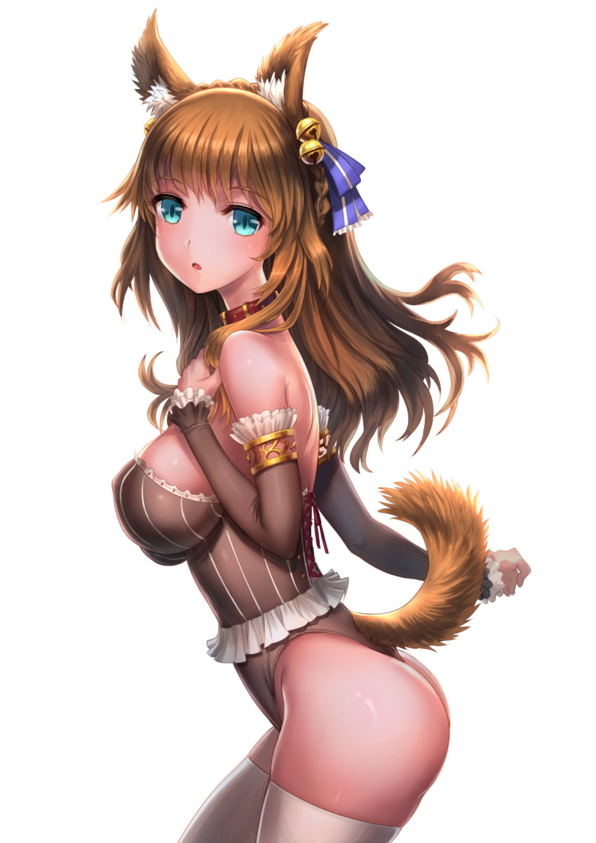 1girl animal_ears ass bangs bare_shoulders bell blue_eyes blue_ribbon braid breasts brown_hair cleavage collar detached_sleeves erect_nipples fox_ears fox_girl fox_tail from_side hair_bell hair_ornament hair_ribbon highleg highleg_leotard highres jingle_bell large_breasts leotard long_hair looking_at_viewer looking_to_the_side original revision ribbon solo striped_leotard tail thigh-highs thong_leotard white_legwear youbou