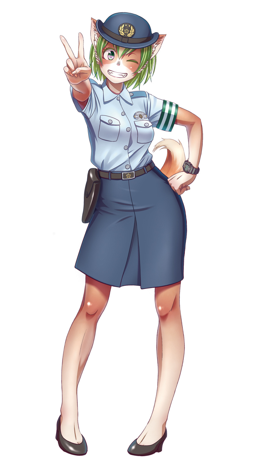 1girl animal_ears dog_ears dog_tail full_body furry green_eyes green_hair hand_on_hip highres pigeon-toed police police_uniform policewoman short_hair solo tail tewatasanaiinu tokyo_metropolitan_police_department uniform wokada