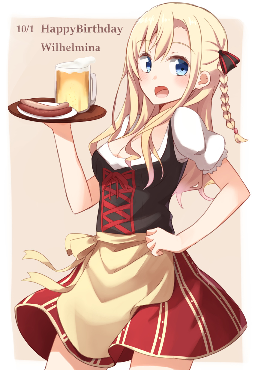 1girl :d absurdres alcohol apron bangs beer beer_mug blonde_hair blue_eyes blush braid breasts character_name cleavage contrapposto cowboy_shot cross-laced_clothes dated dress english eyebrows_visible_through_hair food hair_ribbon happy_birthday high_school_fleet highres holding holding_tray kapatarou long_hair looking_at_viewer medium_breasts open_mouth ribbon sausage short_sleeves smile solo traditional_clothes tray two-tone_background wilhelmina_braunschweig_ingenohl_friedeburg