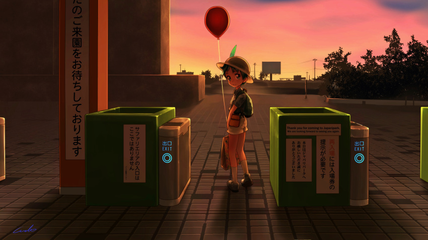 1girl absurdres ankle_boots artist_name backpack bag balloon black_hair blue_eyes boots collared_shirt entrance evening handbag hat hat_feather highres holding holding_balloon kaban_(kemono_friends) kemono_friends kneehighs looking_at_viewer looking_back outdoors paper_bag power_lines prototype shirt short_hair short_sleeves shorts sign signature sky solo standing telephone_pole tile_floor tiles welt_(kinsei_koutenkyoku) white_legwear