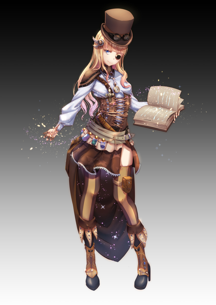 1girl absurdres belt black_hat blonde_hair blue_eyes blush book brown_legwear closed_mouth eyebrows full_body goggles goggles_on_headwear hat highres holding holding_book looking_at_viewer open_book original smile solo steampunk thigh-highs top_hat ye_zi_you_bei_jiao_ju_ge
