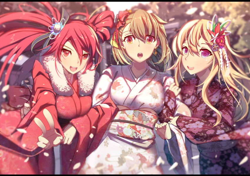 3girls arm_hug asymmetrical_bangs bangs blonde_hair blush braid brown_hair day earrings floral_print flower girl_sandwich hair_between_eyes hair_flower hair_ornament japanese_clothes jewelry kimono lao_meng long_hair long_sleeves looking_at_viewer multiple_girls new_year obi open_mouth orange_eyes outdoors petals red_eyes redhead sandwiched sash short_hair starly_girls twintails v wide_sleeves