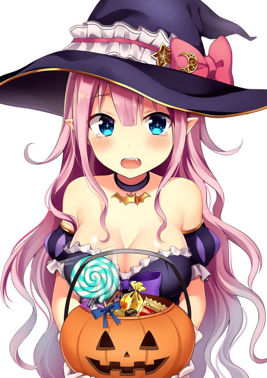 1girl absurdres bare_shoulders blue_eyes blush breasts candy choker cleavage fang food halloween halloween_costume hat highres jack-o'-lantern large_breasts long_hair looking_at_viewer open_mouth original pink_hair pointy_ears puff_and_slash_sleeves puffy_sleeves pumpkin revision simple_background solo sparkling_eyes tears white_background witch_hat yuusa