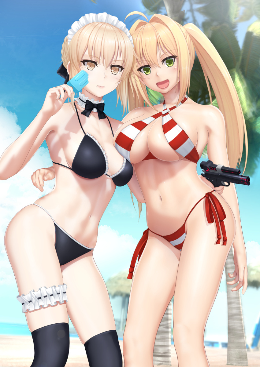2girls :d ahoge arm_around_waist armpits artoria_pendragon_(all) artoria_pendragon_(swimsuit_rider_alter)_(fate) asymmetrical_docking bangs bare_legs bikini black_bikini black_bow black_legwear black_neckwear blonde_hair blue_sky blurry blush bow bowtie breast_press breasts commentary_request contrapposto criss-cross_halter day depth_of_field fate/grand_order fate_(series) food frilled_bikini_top from_below green_eyes gun halterneck highres holding holding_food holding_gun holding_weapon large_breasts leg_garter long_hair looking_at_viewer maid_headdress multiple_girls navel neck_garter nero_claudius_(swimsuit_caster)_(fate) open_mouth outdoors popsicle red_bikini red_ribbon ribbon saber_alter side-tie_bikini sky smile stomach striped striped_bikini swimsuit tai_(2vs) thigh-highs thighs tsurime twintails under_boob weapon yellow_eyes