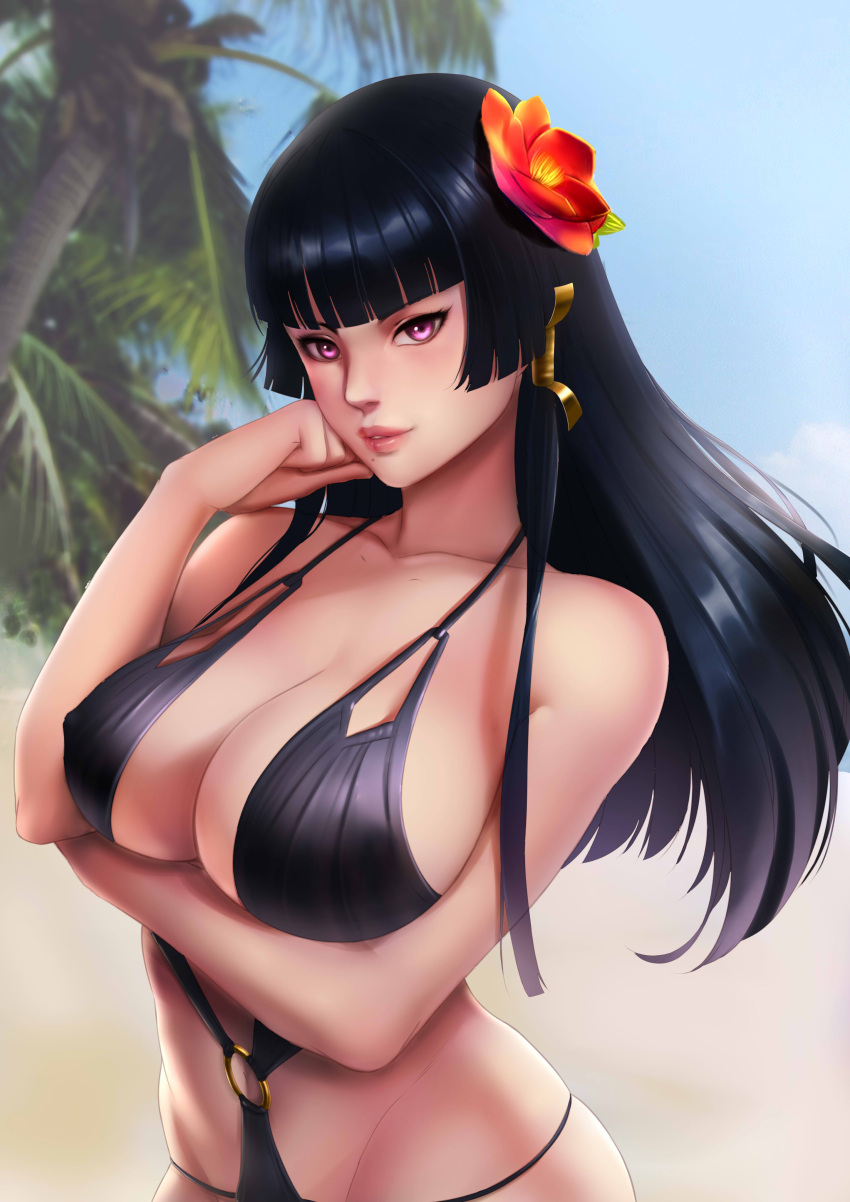 1girl absurdres bangs beach bikini black_bikini black_hair blunt_bangs breast_hold breasts cleavage collarbone day dead_or_alive dead_or_alive_5 erect_nipples flower hair_flower hair_ornament highres large_breasts long_hair looking_at_viewer md5_mismatch mole mole_under_mouth nyotengu o-ring_bikini parted_lips smile solo swimsuit upper_body violet_eyes yuuko_takega