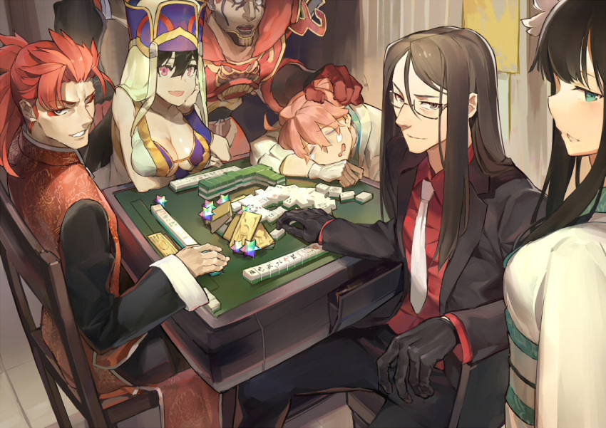 2girls 4boys ahoge assassin_(fate/extra) berserker_(fate/extra) bianyuanqishi black_eyes black_gloves black_hair breasts character_request cleavage closed_eyes closed_mouth fate/grand_order fate_(series) glasses gloves green_eyes jing_ke_(fate/grand_order) large_breasts li_shuwen_(fate/grand_order) long_hair looking_at_viewer lord_el-melloi_ii multiple_boys multiple_girls open_mouth pink_eyes pink_hair redhead romani_akiman short_hair short_ponytail smile waver_velvet xuanzang_(fate/grand_order)