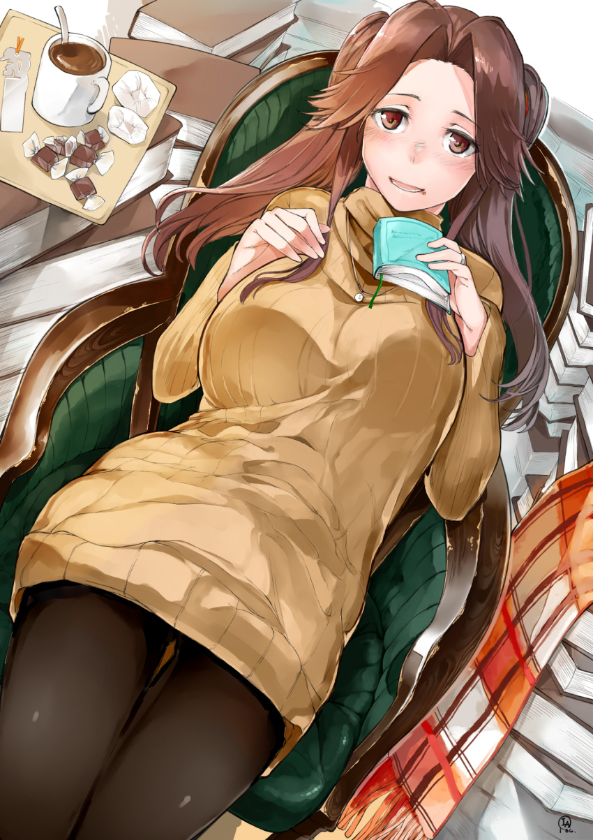 1girl :d alternate_costume black_legwear book brown_eyes brown_hair half_updo highres holding holding_book iapoc jintsuu_(kantai_collection) kantai_collection long_hair long_sleeves open_mouth pantyhose sitting smile solo sweater yellow_sweater