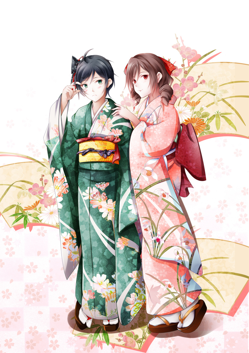 2girls alternate_costume black_hair bow brown_hair drill_hair fudo_shin full_body geta green_eyes green_kimono hair_bow harukaze_(kantai_collection) highres japanese_clothes kantai_collection kimono long_hair matsukaze_(kantai_collection) multiple_girls obi pink_kimono red_bow red_eyes sash short_hair twin_drills