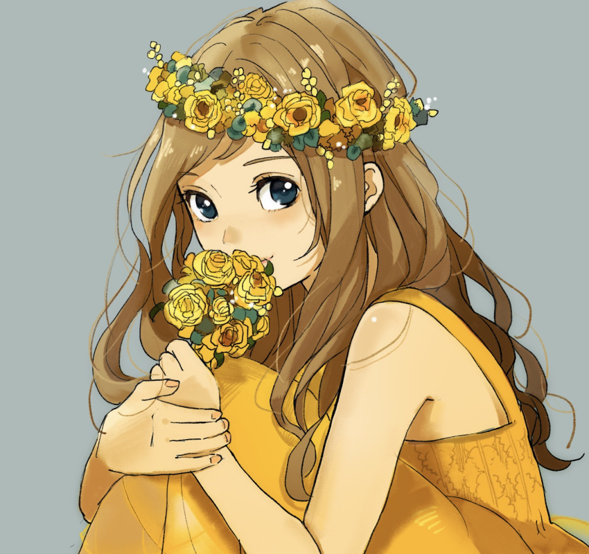 1girl bare_arms bare_shoulders blue_background blue_eyes blush bouquet brown_hair dress flower from_side highres holding holding_bouquet long_hair original sako_(user_ndpz5754) simple_background sitting smile wreath yellow_dress