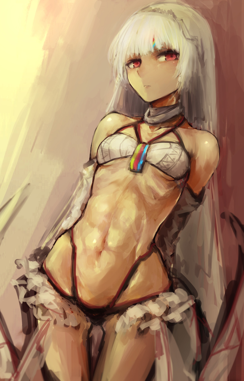 1girl altera_(fate) bangs black_panties blunt_bangs bra breasts closed_mouth commentary_request cowboy_shot detached_collar fate/extella fate/extra fate/grand_order fate_(series) highres hometa long_hair looking_at_viewer navel panties pink_eyes rainbow_gradient see-through sketch small_breasts solo standing thigh_gap underwear white_bra white_hair