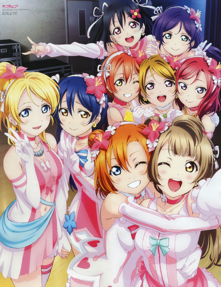 10s 6+girls :d ;d arm_up ayase_eli black_hair blonde_hair blue_hair breasts brown_hair choker cleavage collarbone detached_sleeves dress earrings elbow_gloves flower gloves green_eyes grey_hair grin hair_between_eyes hair_flower hair_ornament hairband hand_on_another's_shoulder high_ponytail highres hoshizora_rin indoors interlocked_fingers jewelry koizumi_hanayo kousaka_honoka long_hair looking_at_viewer love_live! love_live!_school_idol_project minami_kotori multiple_girls murota_yuuhei navel navel_cutout necklace nishikino_maki official_art one_eye_closed open_mouth orange_hair purple_hair red_flower redhead ribbon ribbon_choker short_dress short_hair sleeveless sleeveless_dress smile sonoda_umi standing stomach toujou_nozomi twintails v white_gloves white_hairband white_ribbon yazawa_nico yellow_eyes