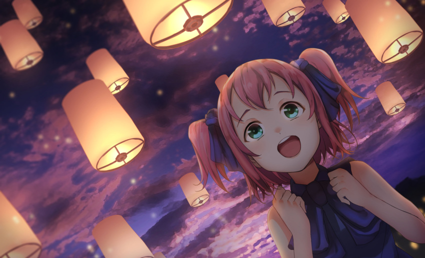 1girl :d aqua_eyes bare_shoulders blue_eyes clenched_hands clouds dutch_angle kurosawa_ruby love_live! love_live!_sunshine!! open_mouth otsumami_(otsu-mugi) short_twintails smile solo sunset twilight twintails