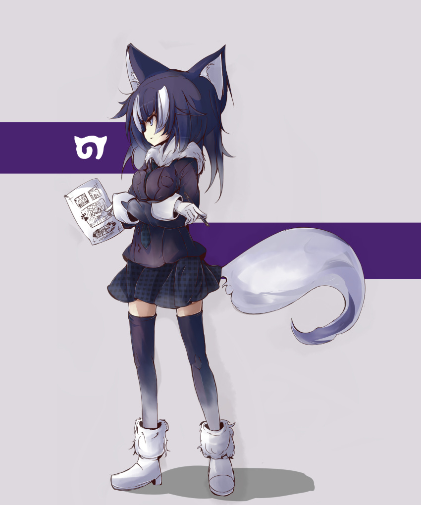1girl absurdres animal_ears between_breasts black_hair blue_eyes breasts common_raccoon_(kemono_friends) crossed_arms full_body fur_collar gloves grey_wolf_(kemono_friends) highres horoyoi_kitsune kemono_friends long_hair long_sleeves medium_breasts multicolored_hair necktie necktie_between_breasts paper pen silver_hair skirt solo standing tail two-tone_hair wolf_ears wolf_tail