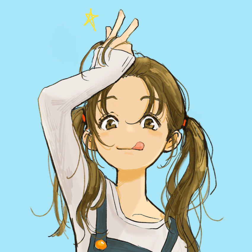 1girl :q aqua_background arm_up bangs blush brown_eyes brown_hair closed_mouth hair_between_eyes hand_up highres long_hair long_sleeves looking_at_viewer messy_hair original overalls sako_(user_ndpz5754) shirt simple_background smile solo star tongue tongue_out twintails w white_shirt