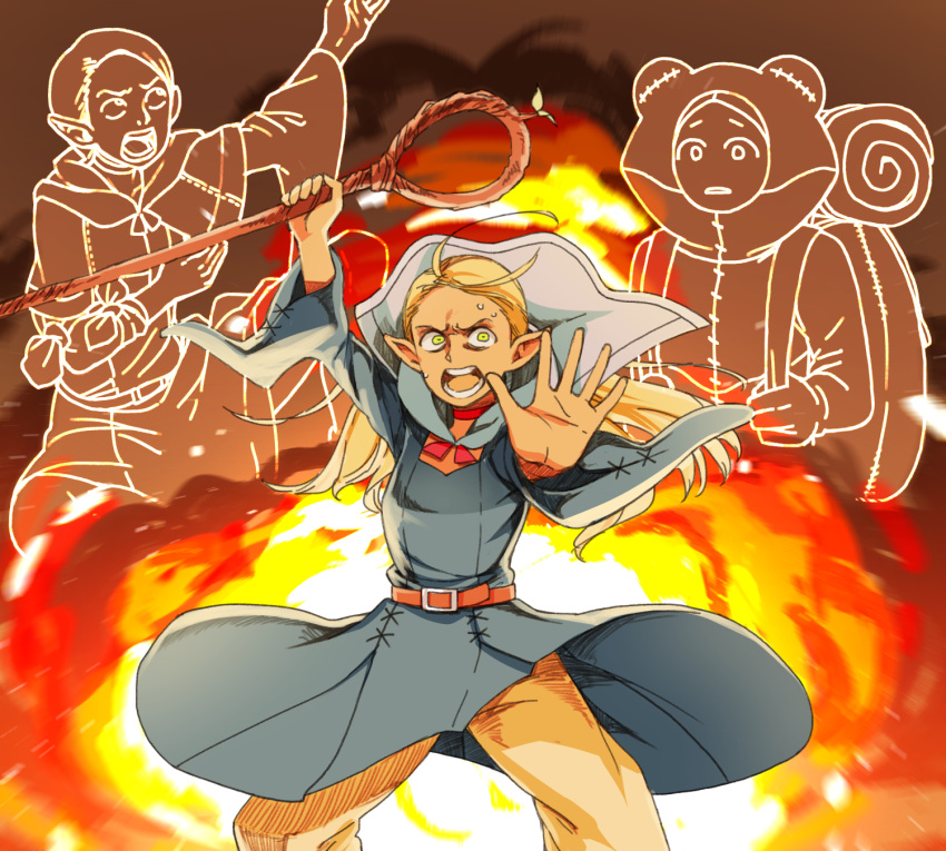 1girl antenna_hair belt blonde_hair capelet character_request dungeon_meshi elf explosion highres long_hair marcille mochi_(mochi444420) pants pointy_ears shouting staff sweat wide_sleeves yellow_eyes