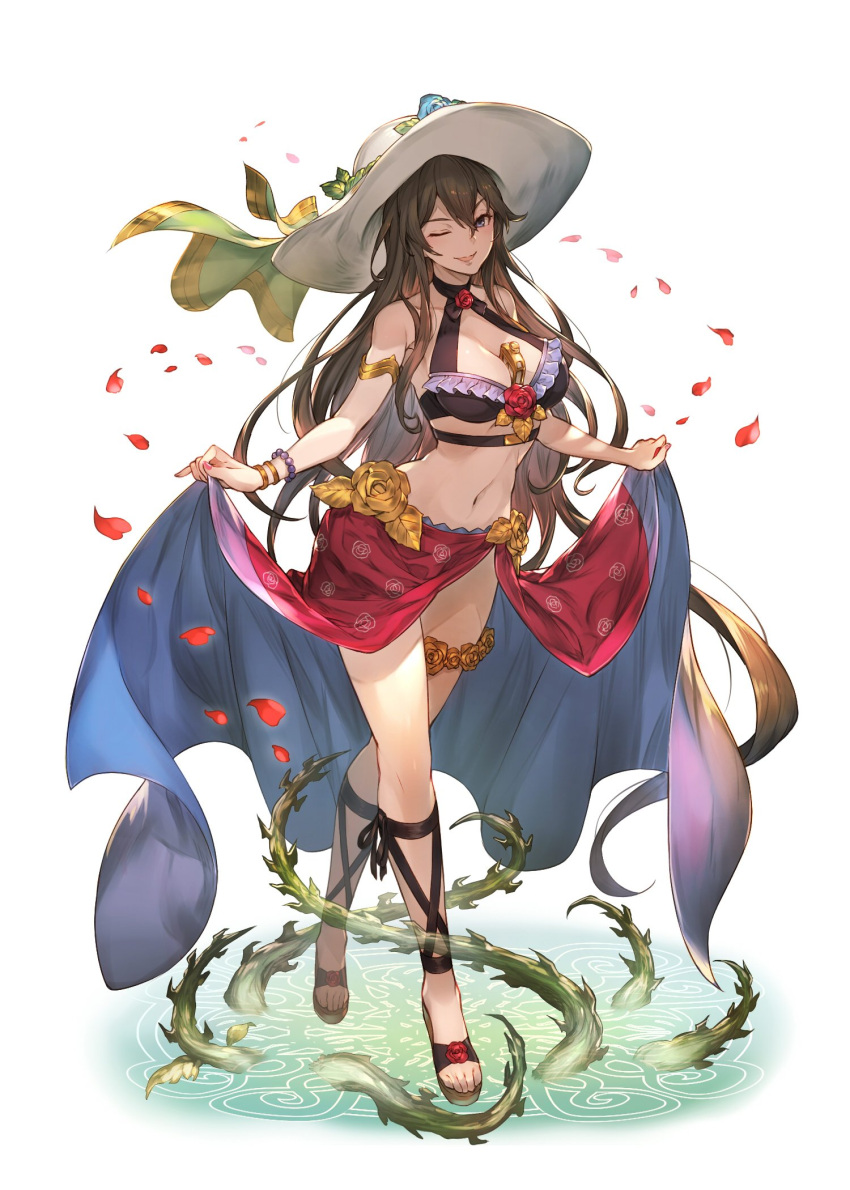1girl armlet bare_shoulders between_breasts bikini bracelet brown_hair choker flower frilled_bikini frills granblue_fantasy grin groin hat hat_ribbon highres jewelry kakage looking_at_viewer nail_polish navel petals plant ribbon rose rosetta_(granblue_fantasy) sandals_barefoot sarong sarong_lift simple_background smile solo standing sun_hat swimsuit thigh_strap vines violet_eyes white_background
