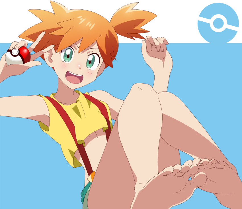 1girl aqua_background aqua_eyes barefoot blush crop_top denim denim_shorts feet highres holding holding_poke_ball kasumi_(pokemon) kuroi_ohagi looking_at_viewer open_mouth orange_hair overalls poke_ball poke_ball_print pokemon pokemon_(anime) revision shiny shiny_hair short_hair shorts side_ponytail sitting smile soles solo tank_top toes two-tone_background v w white_background