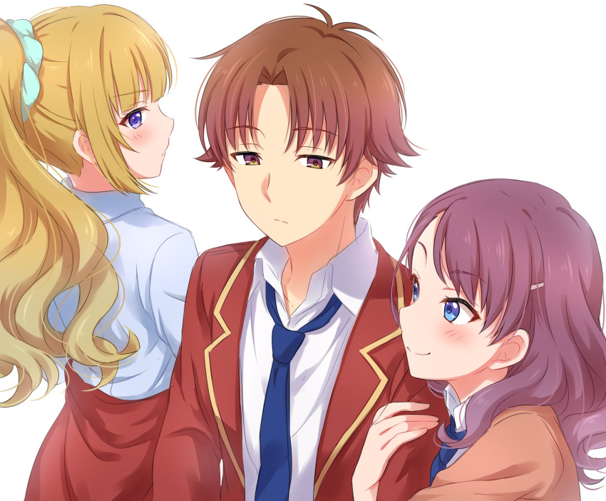 1boy 2girls arm_hug ayanokouji_kiyotaka bangs blue_eyes blue_neckwear blunt_bangs blush brown_eyes brown_hair brown_jacket character_request closed_mouth collared_shirt expressionless eyebrows_visible_through_hair hair_ornament hairclip highres jacket jealous karuizawa_kei long_hair long_sleeves looking_at_another multicolored multicolored_eyes multiple_girls necktie ponytail purple_hair red_jacket red_skirt scrunchie sekina shirt simple_background skirt smile violet_eyes white_background white_shirt yellow_eyes youkoso_jitsuryoku_shijou_shugi_no_kyoushitsu_e