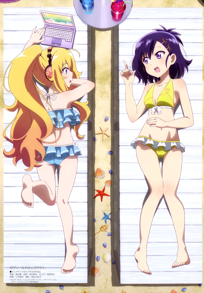 2girls absurdres ahoge barefoot beach bikini blonde_hair blue_bikini blue_hair breasts cleavage collarbone computer copyright_name day eye_contact feet from_above gabriel_dropout hair_ornament halterneck headphones highres index_finger_raised laptop long_hair looking_at_another lying megami multiple_girls official_art on_back on_stomach one_leg_raised open_mouth outdoors shiny shiny_skin side_ponytail sideboob soles swimsuit tenma_gabriel_white toes tsukinose_vignette_april very_long_hair violet_eyes watanabe_mai yellow_bikini