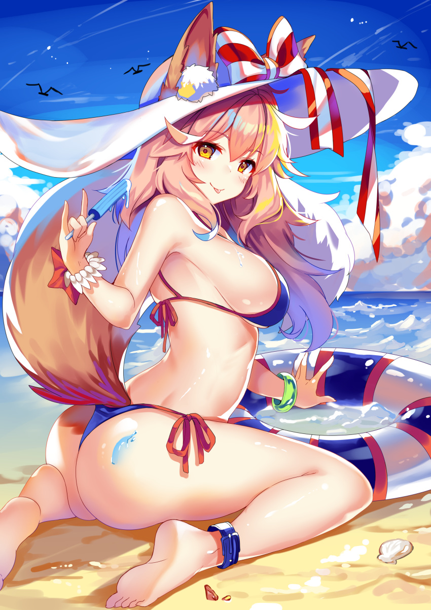 1girl absurdres animal_ears anklet arched_back ass bangs beach bikini blue_bikini blue_sky blush bow breasts brown_eyes closed_mouth clouds cloudy_sky eyebrows_visible_through_hair fate/grand_order fate_(series) fox_ears fox_tail hair_between_eyes hat hat_bow hecha_(swy1996228) highres innertube jewelry large_breasts long_hair looking_at_viewer ocean outdoors pink_hair seashell shell sideboob sitting sky smile soles solo sun_hat swimsuit tail tamamo_(fate)_(all) tamamo_no_mae_(swimsuit_lancer)_(fate) tareme thighs tongue tongue_out wariza wavy_hair