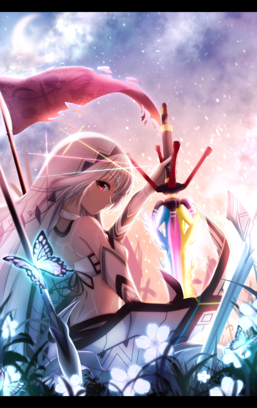 1girl absurdres altera_(fate) bra butterfly day elbow_gloves eyebrows_visible_though_hair gloves grass highres holding holding_sword holding_weapon long_hair looking_at_viewer outdoors red_eyes silver_hair sitting solo sword underwear very_long_hair weapon white_bra white_gloves