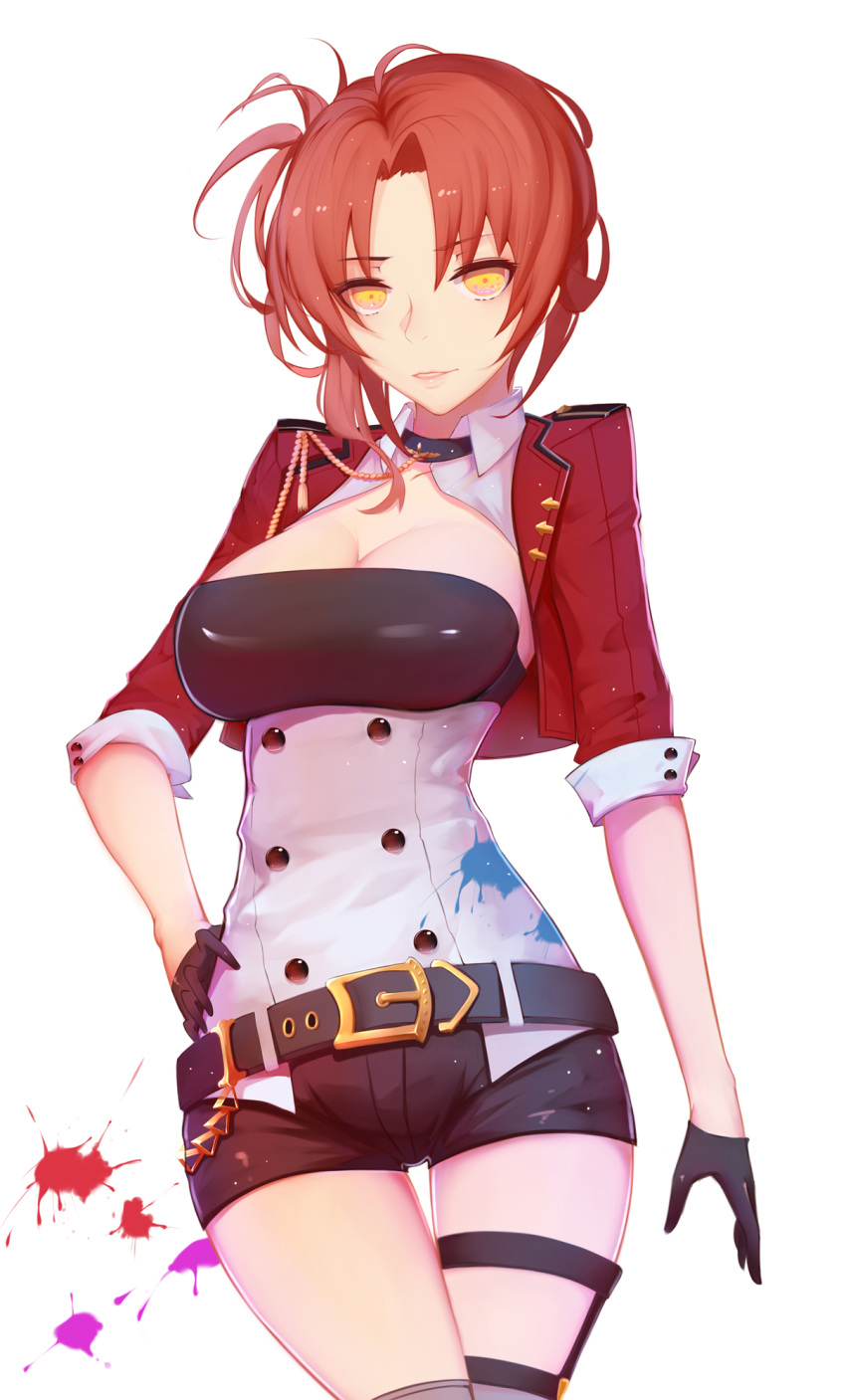 1girl aiguillette bangs belt benghuai_xueyuan black_gloves black_shorts breasts bustier choker cleavage cowboy_shot cropped_jacket gloves hand_on_hip highres holster honkai_impact kugutsu_(961598140) large_breasts looking_at_viewer military_jacket murata_himeko parted_bangs parted_lips redhead short_shorts shorts sleeves_rolled_up solo splashing thigh-highs thigh_gap thigh_holster underbust yellow_eyes
