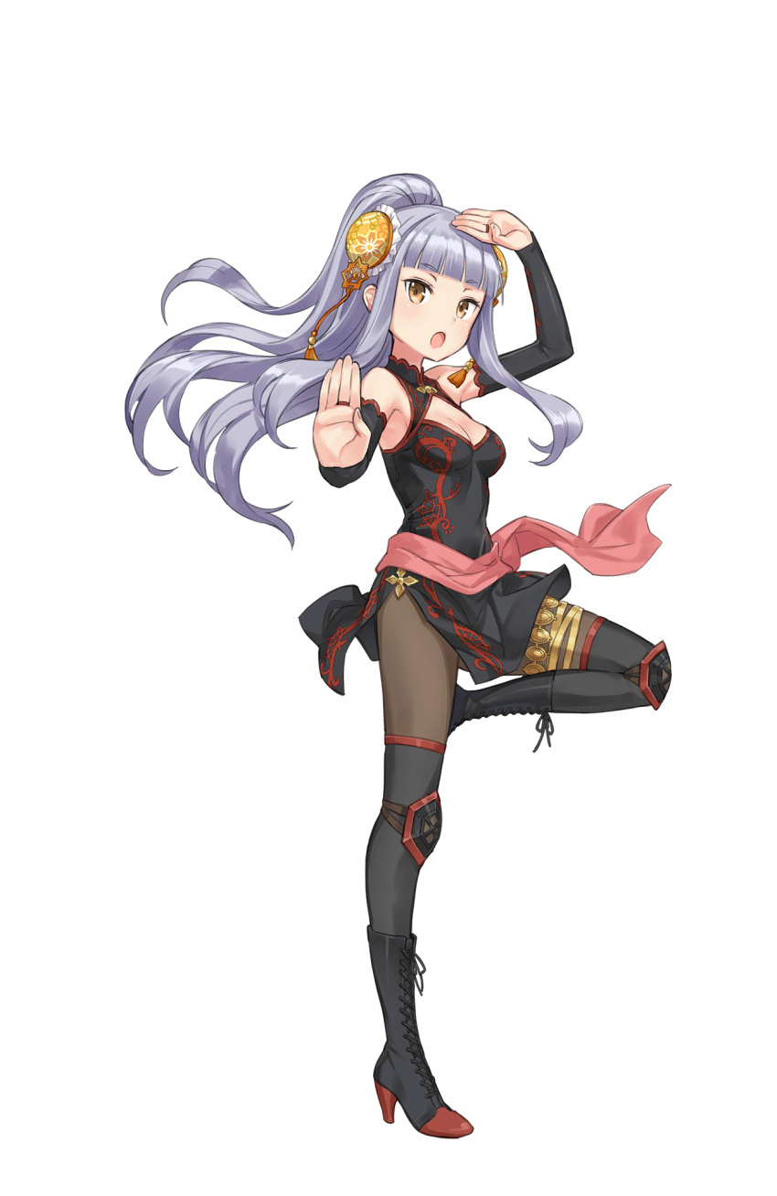 1girl arm_up bangs black_footwear black_legwear blunt_bangs boots breasts brown_eyes bun_cover china_dress chinese_clothes dress fighting_stance hair_ornament high_heel_boots high_heels highres knee_pads long_hair miho_zhu official_art pantyhose princess_principal princess_principal_game_of_mission purple_hair small_breasts standing standing_on_one_leg