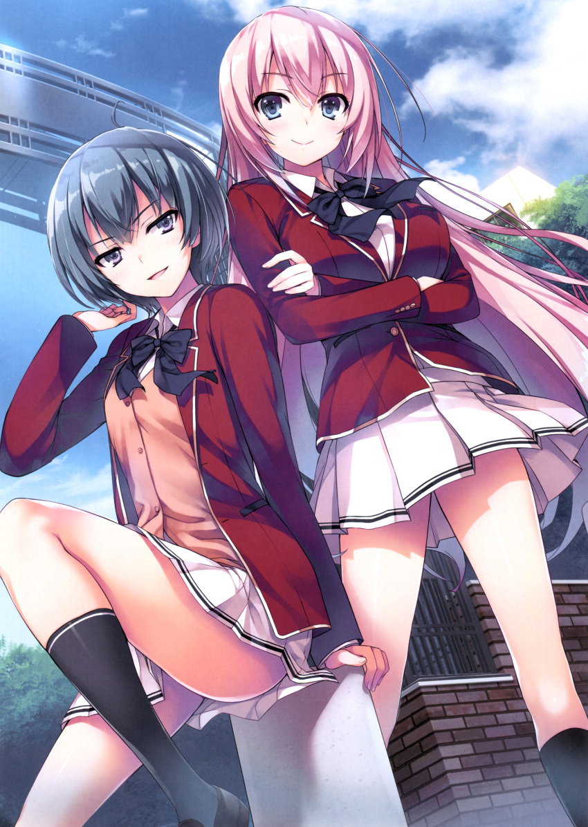 2girls absurdres ahoge bangs blazer blue_eyes bow bowtie clouds crossed_arms day eyebrows_visible_through_hair highres huge_filesize ibuki_mio ichinose_honami_(youjitsu) jacket long_hair looking_at_viewer looking_down multiple_girls official_art open_clothes open_jacket open_mouth pink_hair pleated_skirt ribbon scan school_uniform shoes short_hair sitting skirt sky smile socks tomose_shunsaku very_long_hair violet_eyes youkoso_jitsuryoku_shijou_shugi_no_kyoushitsu_e