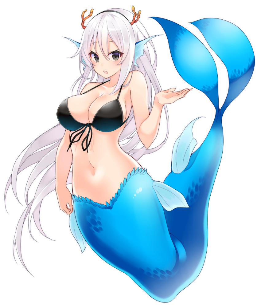 1girl absurdres bangs black_bikini_top black_eyes blush breasts cleavage commentary_request eyebrows_visible_through_hair eyes_visible_through_hair front-tie_top full_body hair_between_eyes hand_up head_fins highres horns large_breasts looking_at_viewer matsunoki_(unknown_751) mermaid monster_girl navel open_mouth original silver_hair simple_background solo white_background