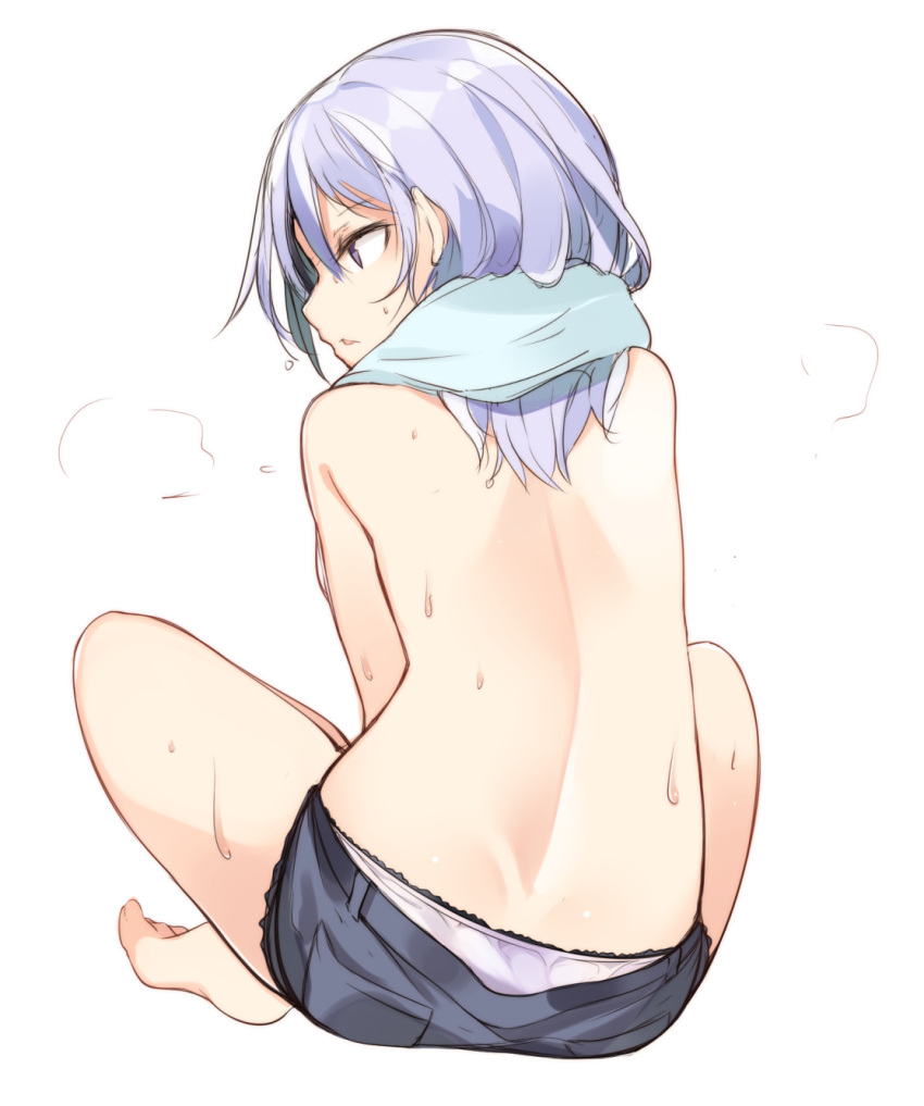 1girl back bare_legs barefoot from_behind full_body highres kinukawa_chinatsu lavender_hair long_hair looking_to_the_side original panties profile short_shorts shorts simple_background sitting solo sweat topless towel tsunekichi underwear wet white_background