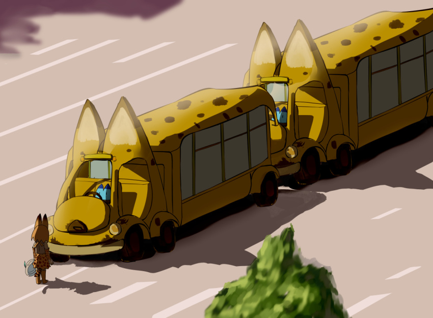 1girl animal_ears bee_sang_(ms0603749) bus day elbow_gloves from_above fur_collar gloves ground_vehicle hat holding holding_hat japari_bus kemono_friends lucky_beast_(kemono_friends) motor_vehicle multiple_girls open_mouth outdoors real_life road robot serval_(kemono_friends) serval_ears serval_print serval_tail shadow short_hair steering_wheel tail tiananmen_square tree vehicle
